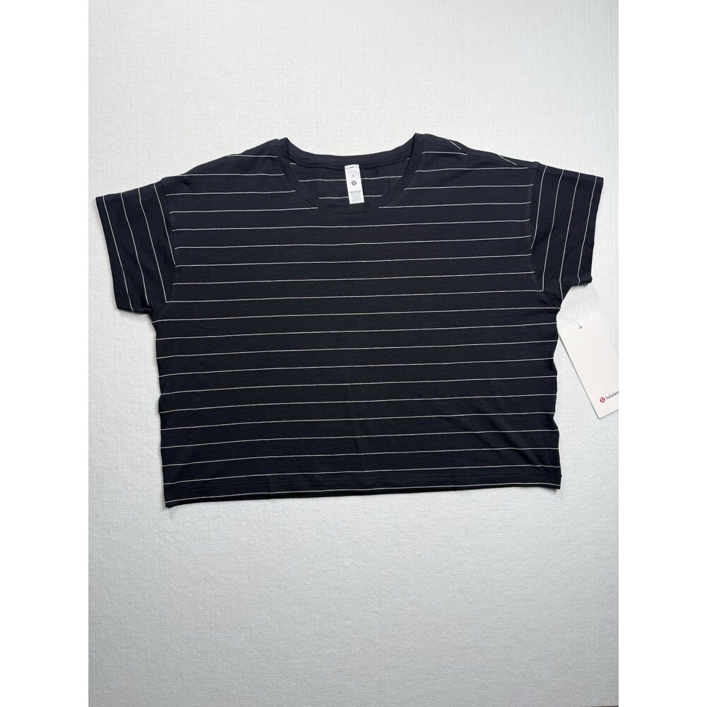 Lululemon Cates Tee Black White Stripe Cropped Top Size 8 Pima Cotton